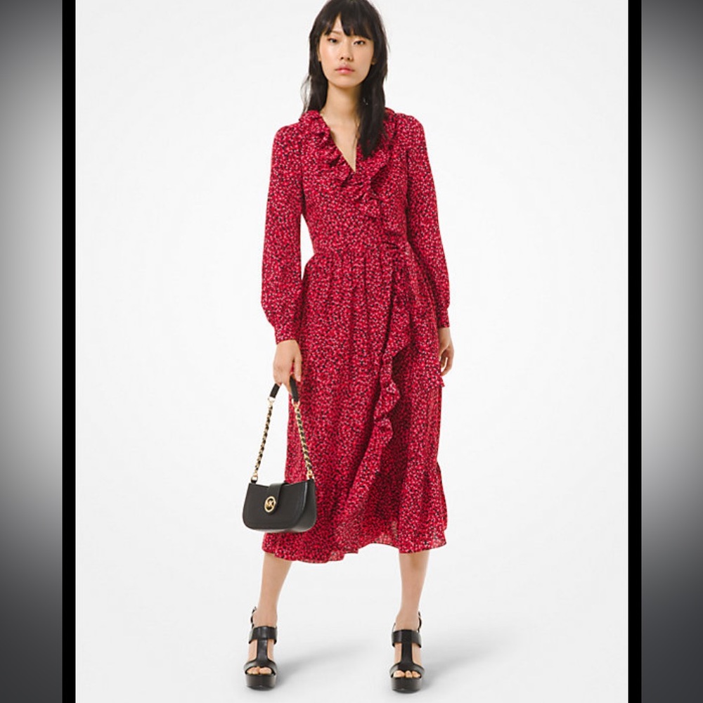 Michael Kors Red Pink Floral Wrap Midi Dress Medium Ruffle Long Sleeve Belted